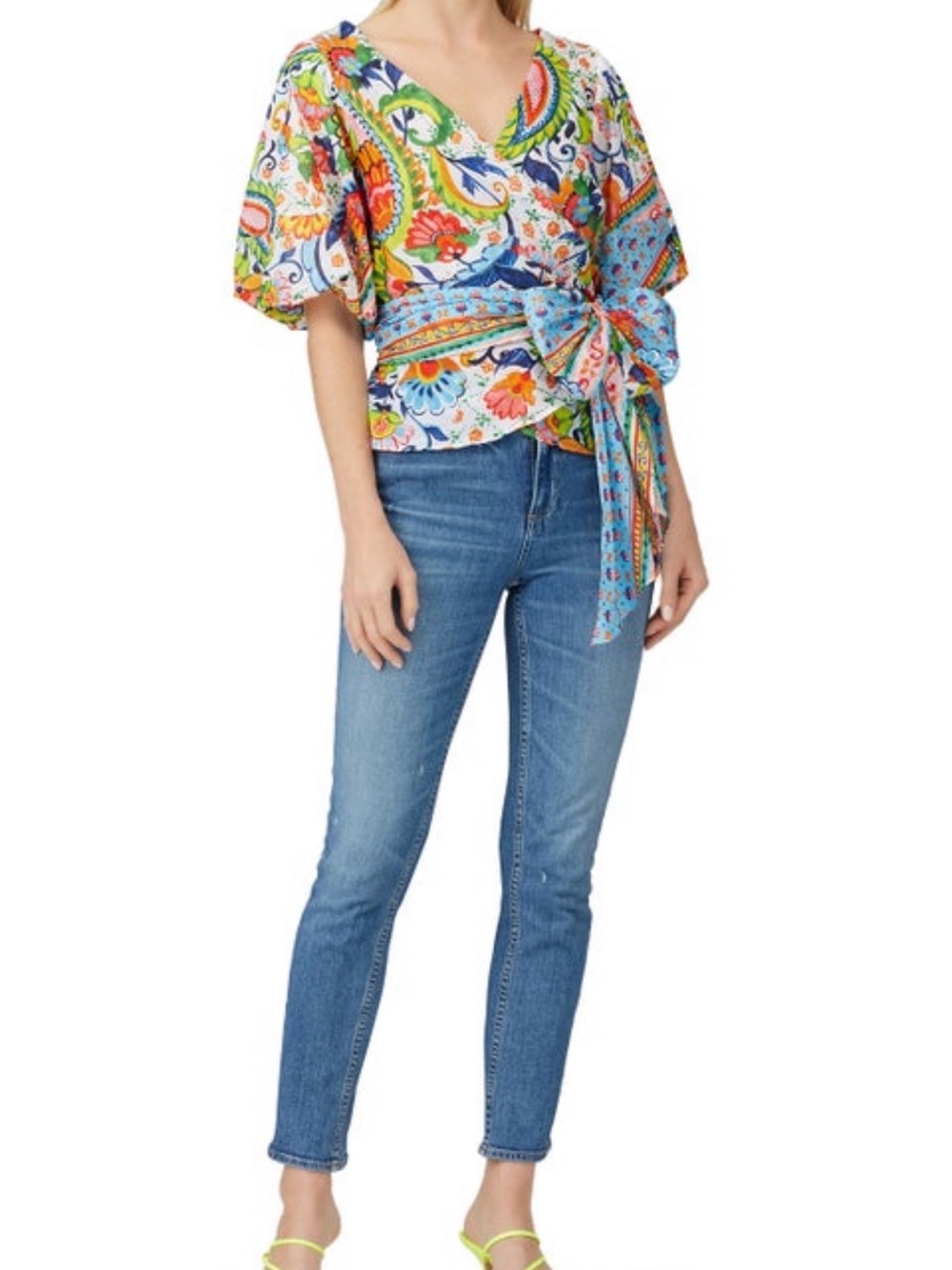 Amanda Uprichard Ashlyn Paisley Floral Wrap Top Puff Sleeve M